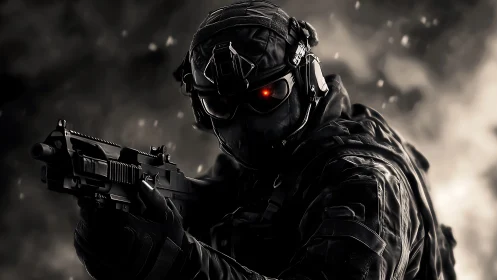 Cybernetic soldier locks target in smoky battlefield gloom.