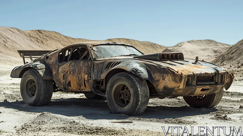 Rust-scarred wasteland muscle car under harsh desert sun.