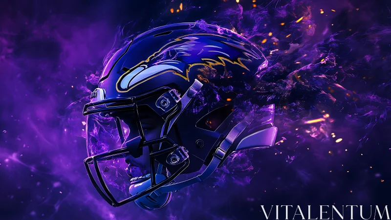 3D luminous football helmet in explosive purple particle field.