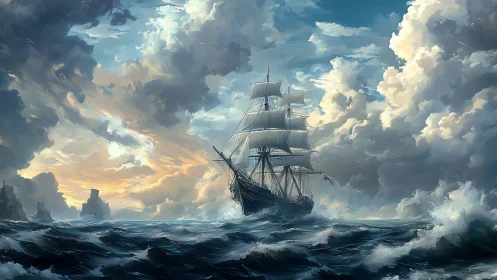 Storm-tempered galleon carves a silver path through sky-surge