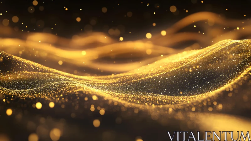 Abstract golden wave of shimmering particles in digital art style.