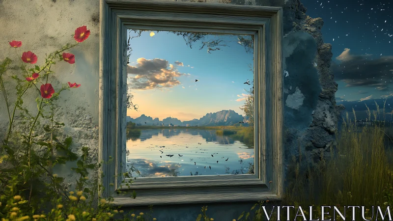 Weathered frame reveals serene mountain lake sunset scene.