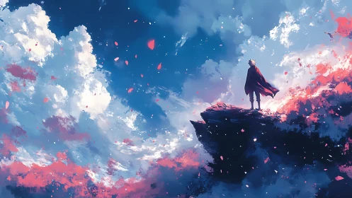 Lone hero on cliff edge contemplates a blazing dream sky