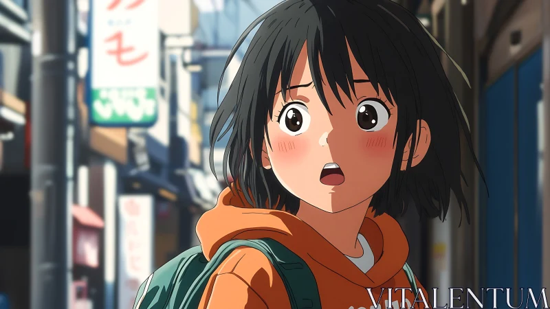 Anime girl in orange hoodie on urban street background.
