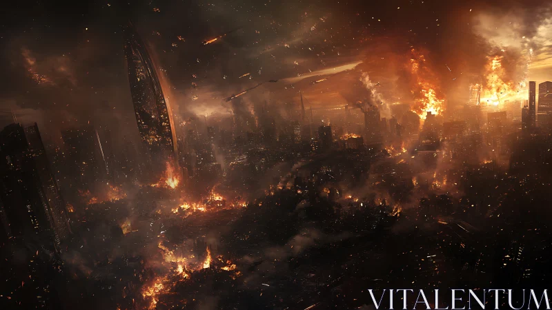 Post-impact megacity firestorm under orbital kinetic barrage.