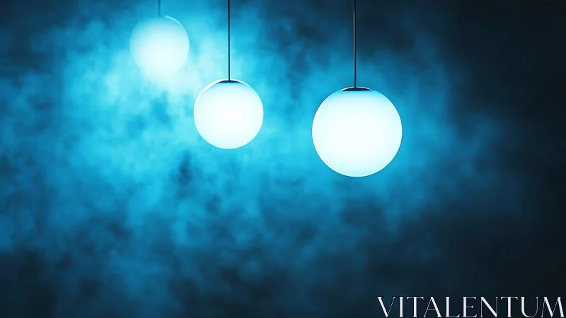 Glowing blue pendant orbs drift in atmospheric neon mist.