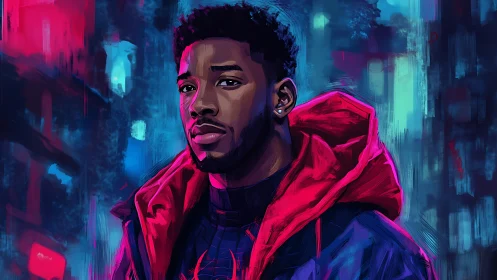 Digital portrait depicts hooded male figure in urban setting