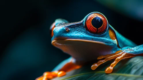 Curious blue tree frog resting calmly on a leafy perch.