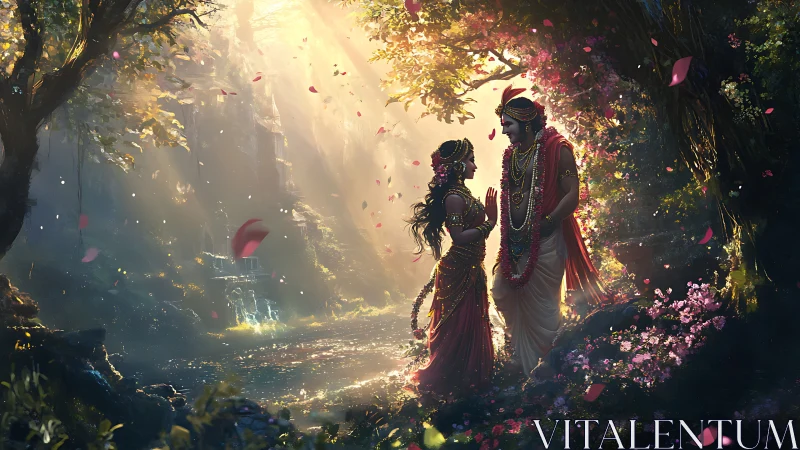 Divine couple beneath luminous forest canopy and waterfall mist