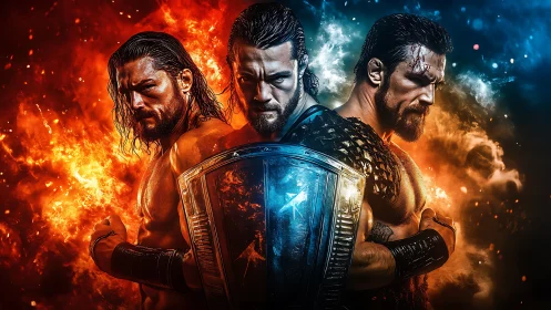 Three battle-hardened warriors stand united in fiery power