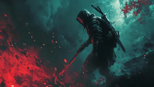 Hooded swordsman amid teal mist and burning crimson embers.