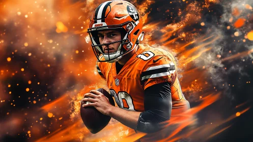 Quarterback holds football against dynamic orange digital backdrop