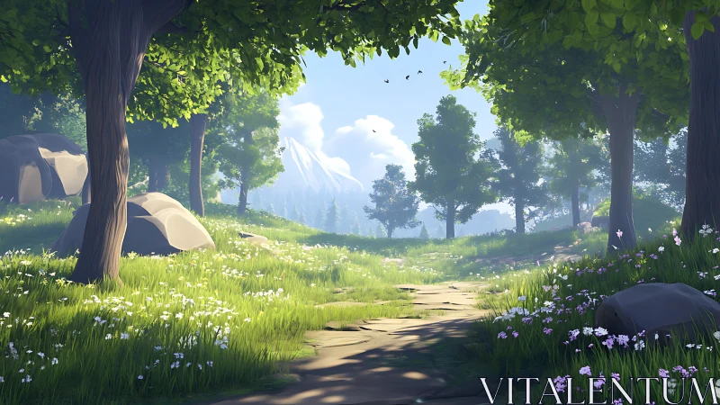 Enchanted Forest Path with Mountain View.