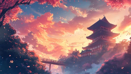 Digital painting of sunset temple with sakura canopy framing.