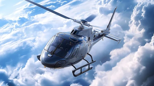 Modern gray helicopter flying through bright cloud layers.