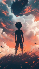 Silhouetted youth beneath blazing rift in stormy sky.