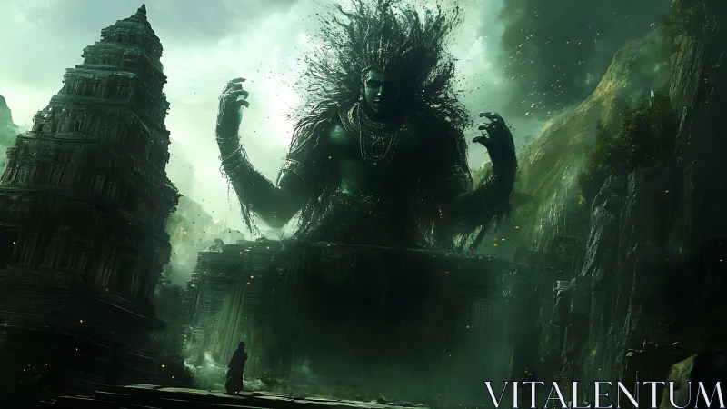 Colossal jungle deity awakens above drowned temple ruins.