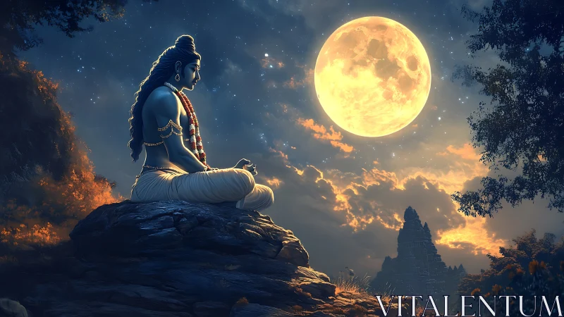 Moonlit meditation with a serene blue mystic figure.