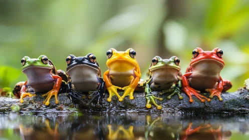 Vibrant rainforest frogs aligned on mossy branch by water.