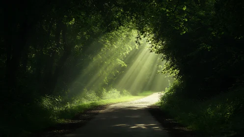 Gentle sunlight pours onto a quiet forest pathway