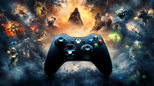 Xbox controller amid explosive cosmic gaming multiverse.