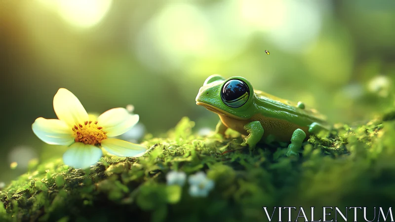 Digital painting of mossy forest frog with macro floral focus.