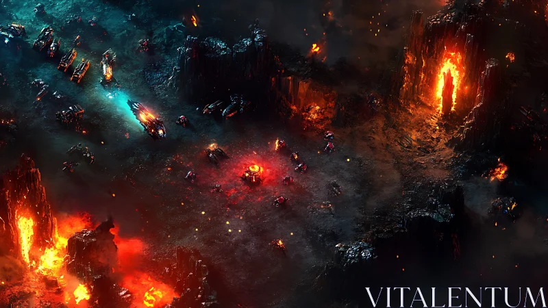 Lava-flooded alien battlefield with armored convoys and portals.