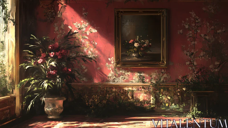 Digital painting of overgrown floral salon with baroque framing.