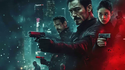 Neo-noir photomontage of armed agents in urban haze.