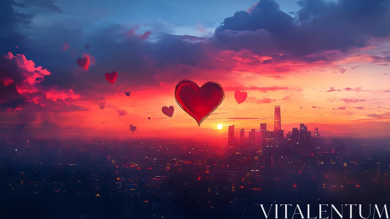 Urban Sunset with Floating Heart Shapes: Digital Composite with Volumetric Cloud Rendering