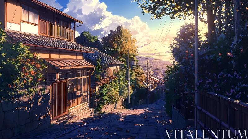 Residential slope with traditional house in late sunlight.