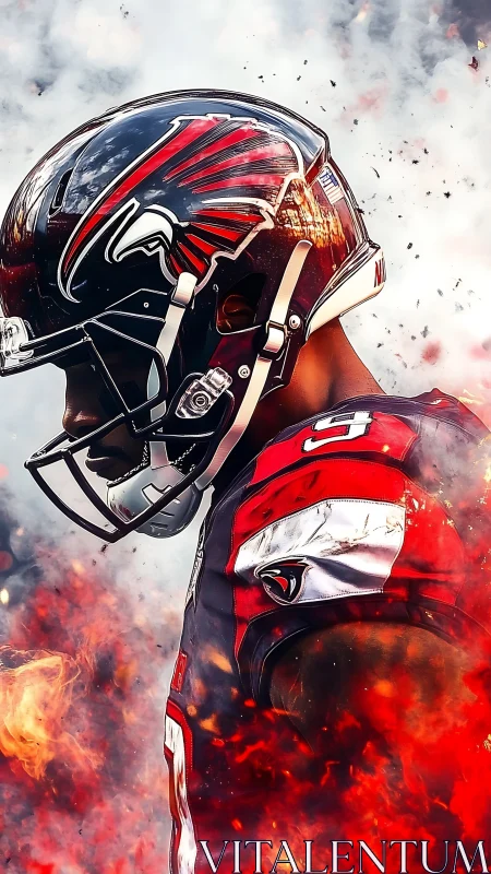 Side profile of football player in flames and smoke.