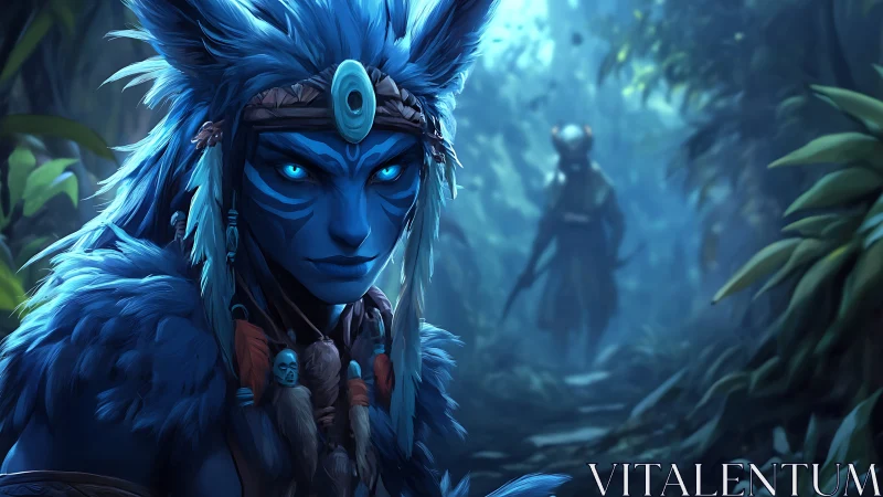 Blue forest sentinel with glowing eyes in misted jungle.