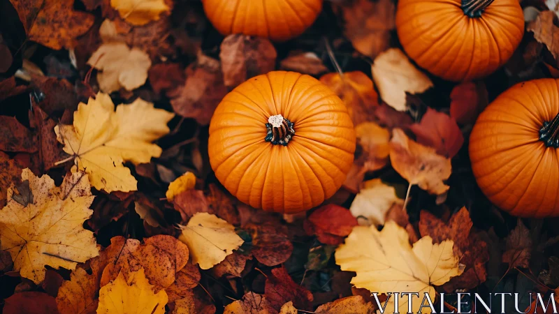 Photographic autumn still life with pumpkins and foliage.