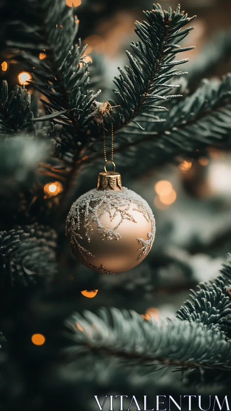 Golden Christmas bauble glowing softly in evergreen branches.