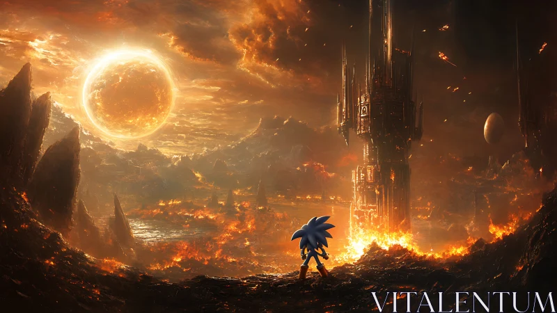 Blue speed hero faces burning infernal citadel horizon.