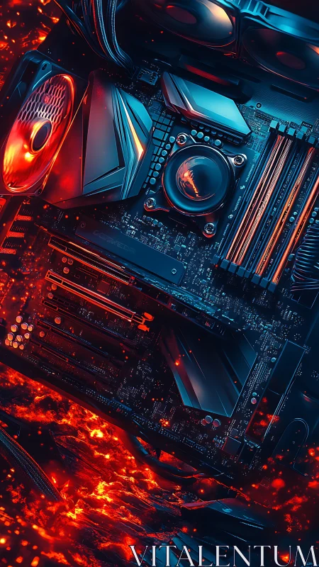 Overclocked gaming motherboard above molten lava environment