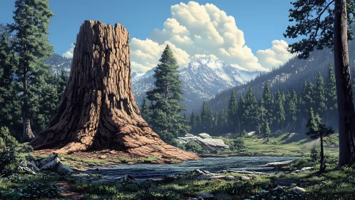 Giant Sequoia Monolith in Alpine Coniferous Forest with Distant Snow-Capped Peaks
