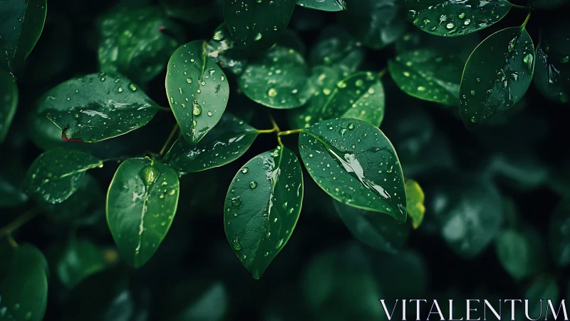 Lush green foliage with rain droplets in cinematic closeup.