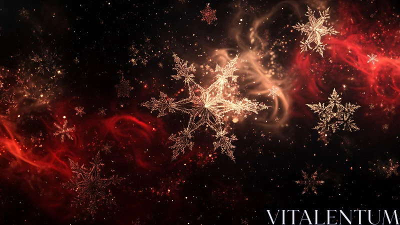 Starborn snowflakes drift through ember-tinted cosmic night.