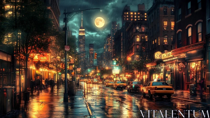 Moonlit city street glowing with cozy neon reflections.