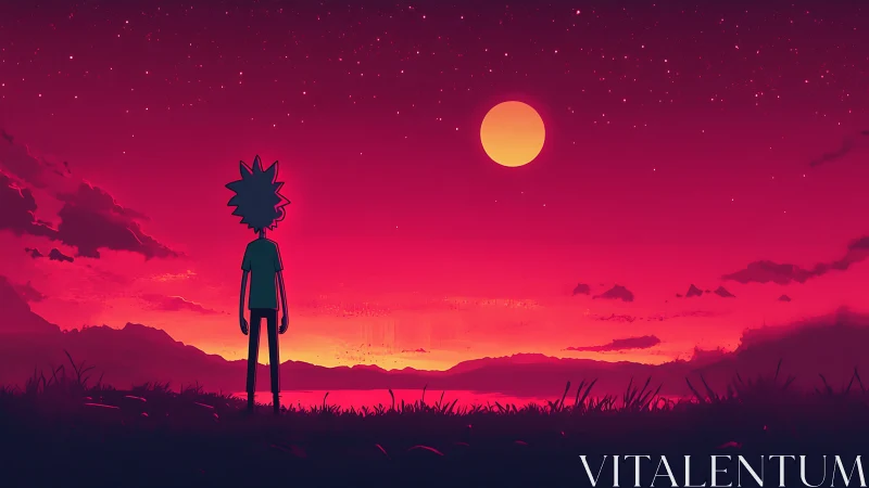 Silhouetted cartoon figure observing vivid red night sky.