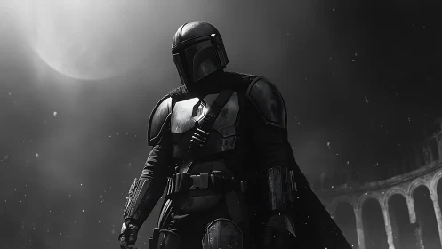 Armored sci-fi warrior under moonlit ruins in grayscale.
