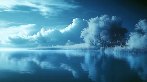 Moonlit blue lakeside forest with misty cloud reflections.