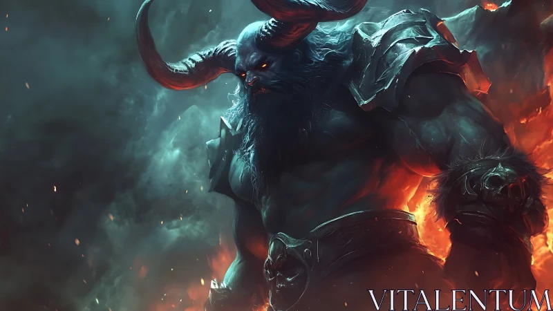 Armored horned demon emerges from volumetric fire and smoke field