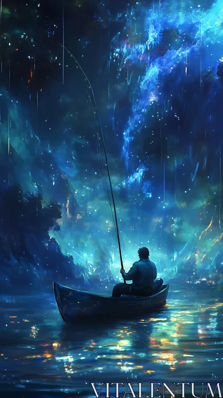 Lone night fisherman drifting beneath a glowing cosmic sky.