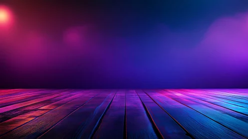 Colored light on wooden floor with empty gradient backdrop.