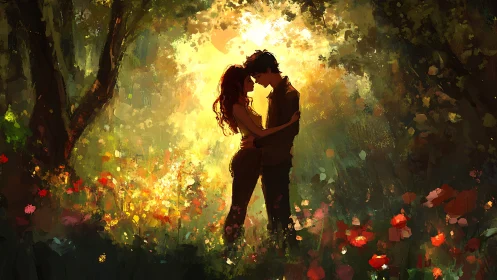 Romantic silhouettes intertwined within luminescent forest canopy with golden radiant light