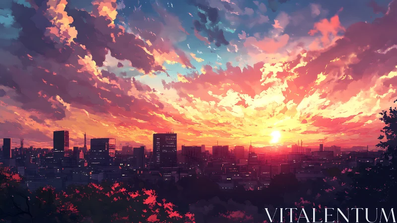 Sunset sky over dense city skyline with glowing clouds.