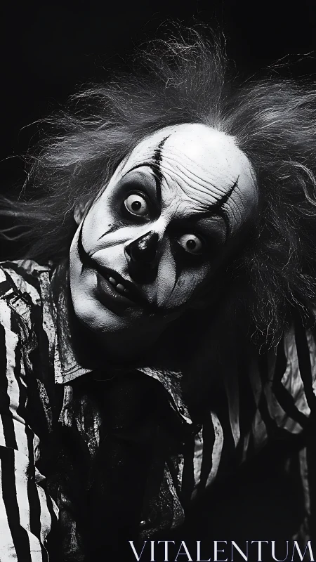 Creepy monochrome clown portrait with wild hair pose.